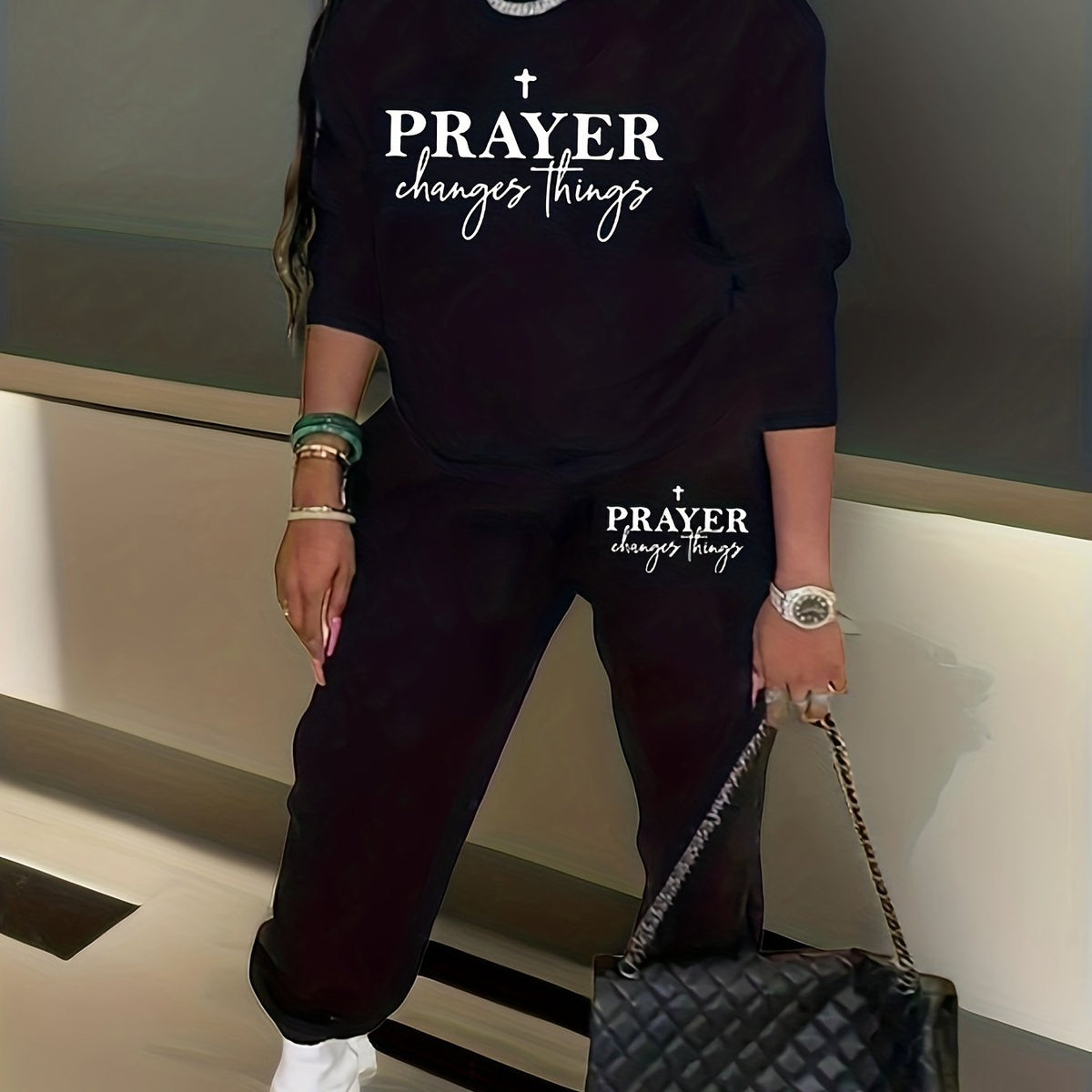 Women's Plus Slogan Print Sweatshirt & Joggers Set