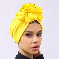 Yellow Flower Turban Cap Casual Head Wrap Breathable Hijab Elastic Chemo Cap