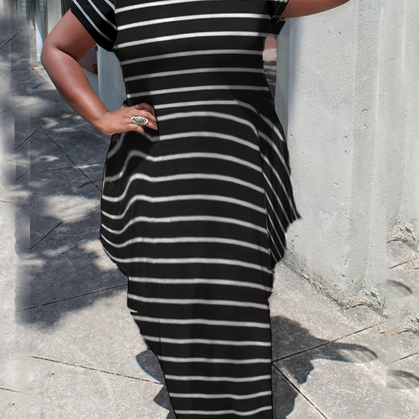  Stripe Print Short Sleeve Maxi Dress