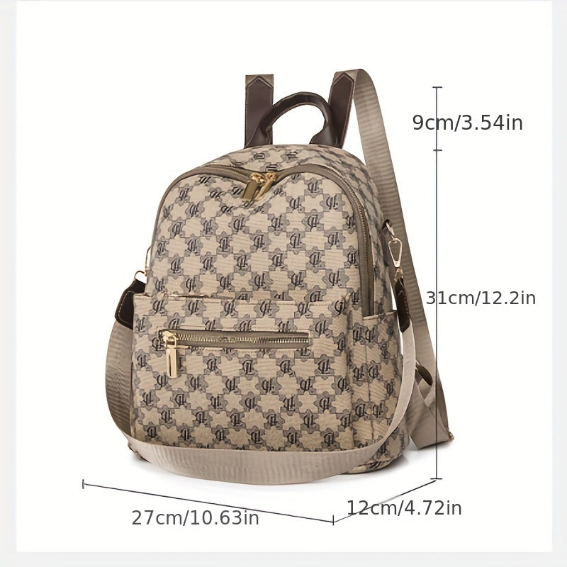 Vintage Geometric Print Backpack Retro PU Leather Daypack