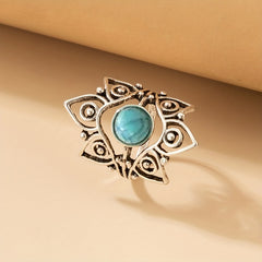 Geometric Turquoise Single Ring Vintage Carved Hollow Ring