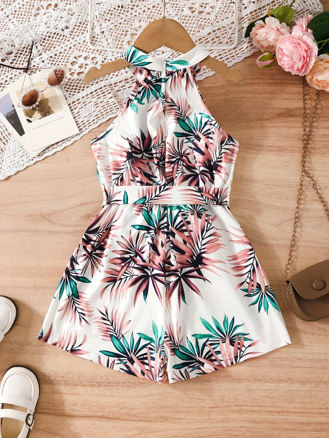 Girls' Leaf Print Halter Romper With Belt