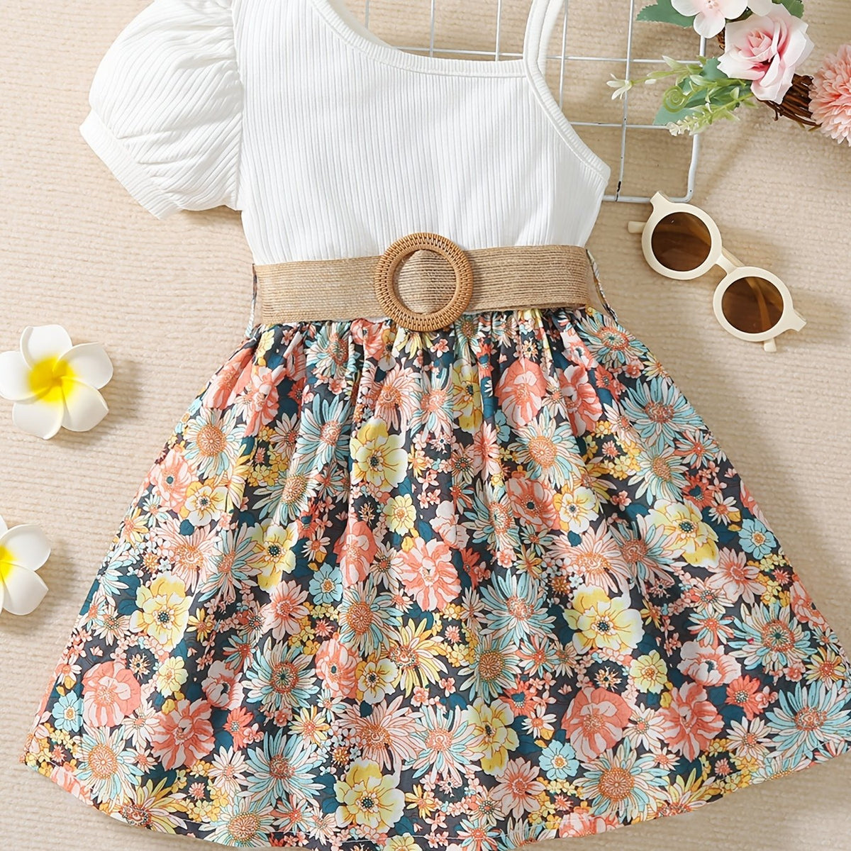Girls Short Bubble Sleeve Floral Dress Kids Summer Clothes