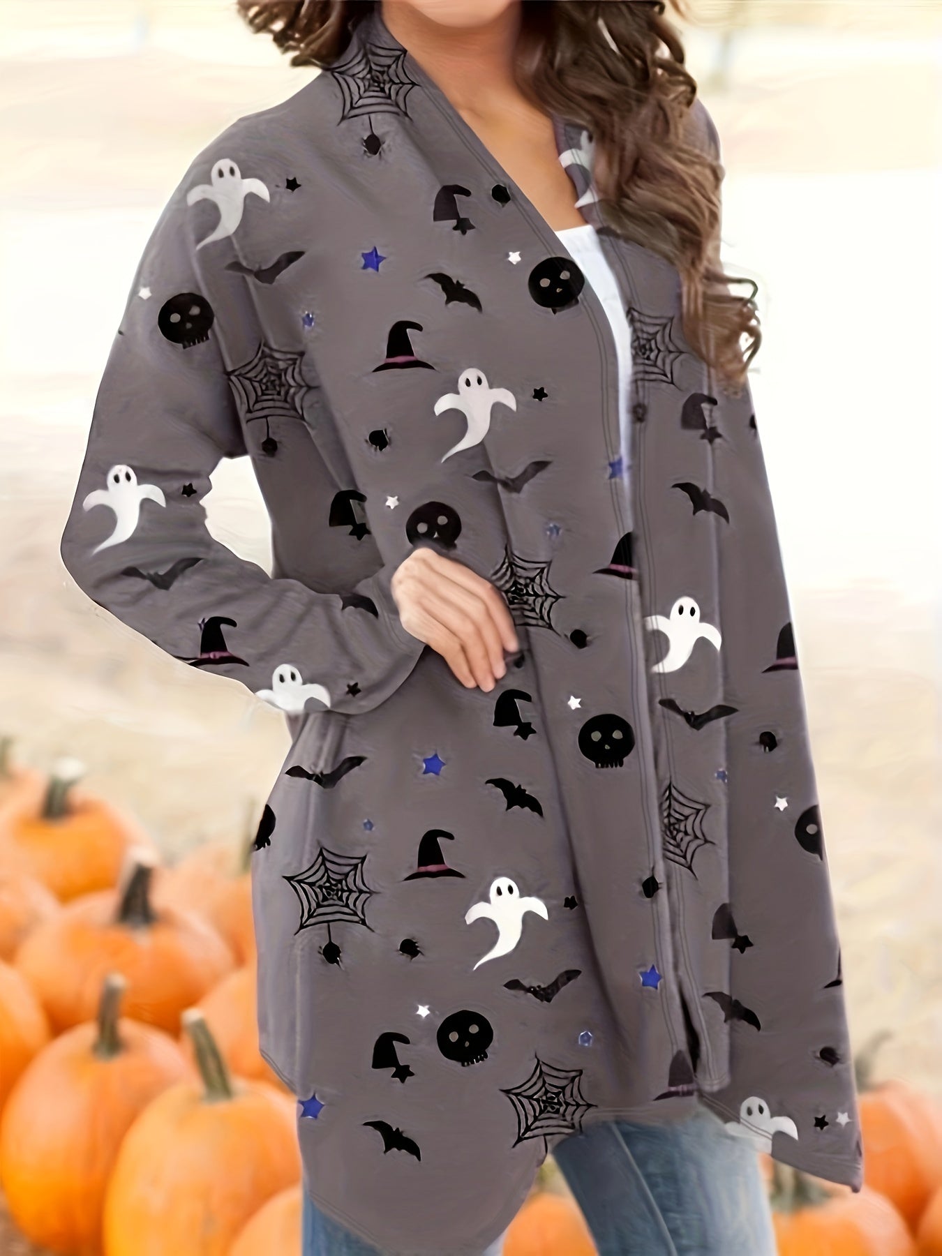  Halloween Cardigan Women's Open Front Graphic Print Long Sleeve