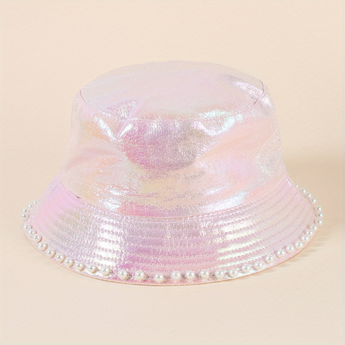 Pink Laser Bucket Hat with Faux Pearl Decor