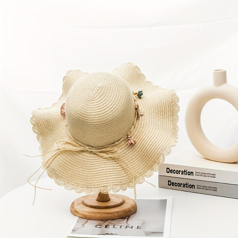 Wide Brim Sun Hat Flower Decor Foldable Travel Beach Hats UV Protection