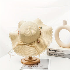 Wide Brim Sun Hat Flower Decor Foldable Travel Beach Hats UV Protection