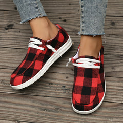 Women's Plaid Canvas Shoes Round Toe Lace Up Flat Sneakers