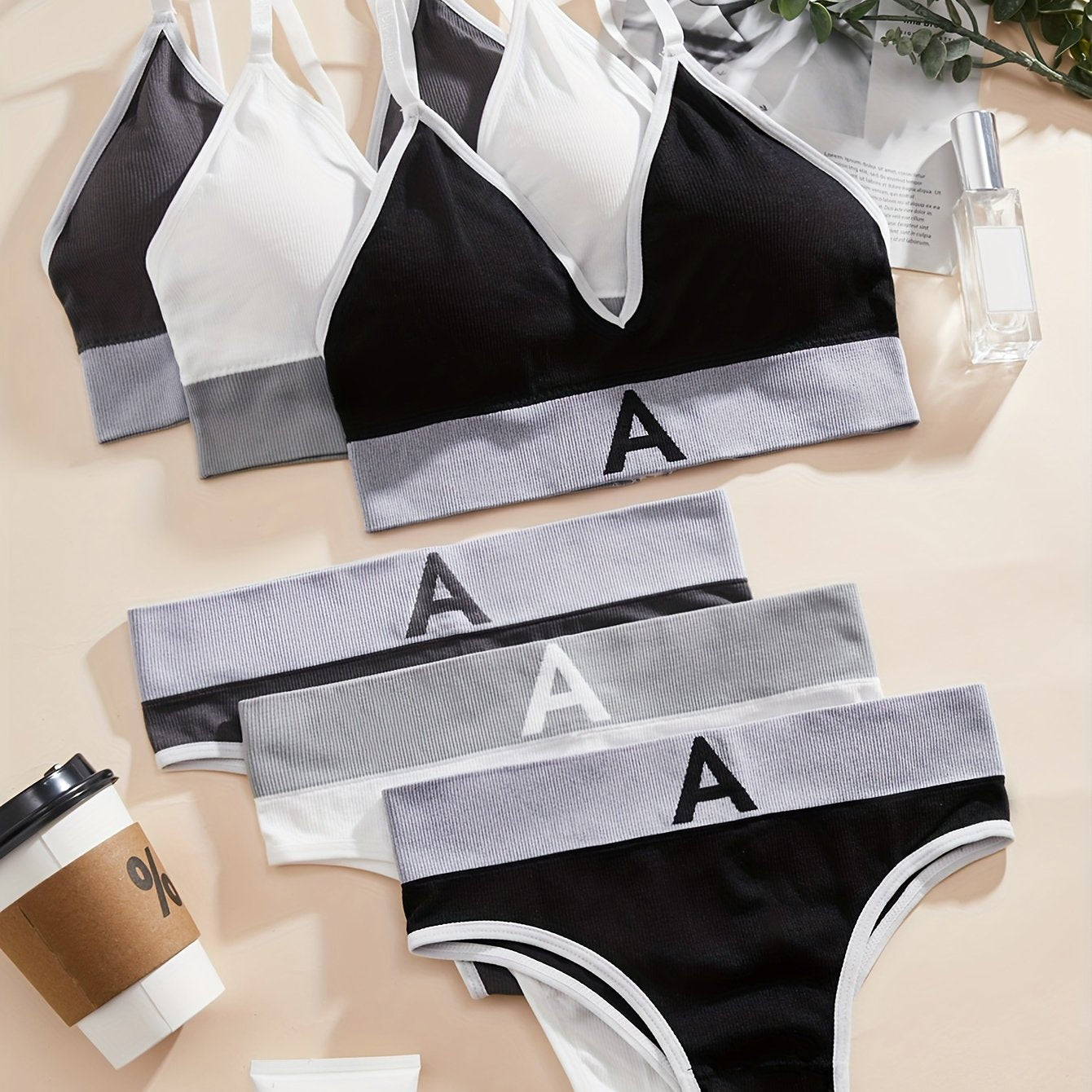 3 Sets Letter Print Bra & Panties Lingerie Set Women's Underwear