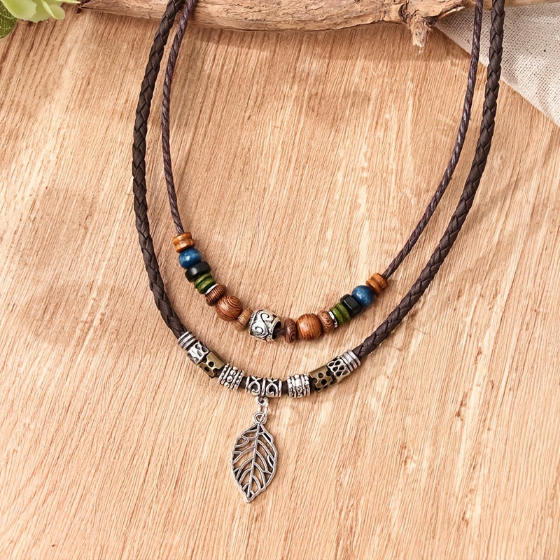 Women's PU Leaf Wooden Bead Necklace Party Jewelry Gift