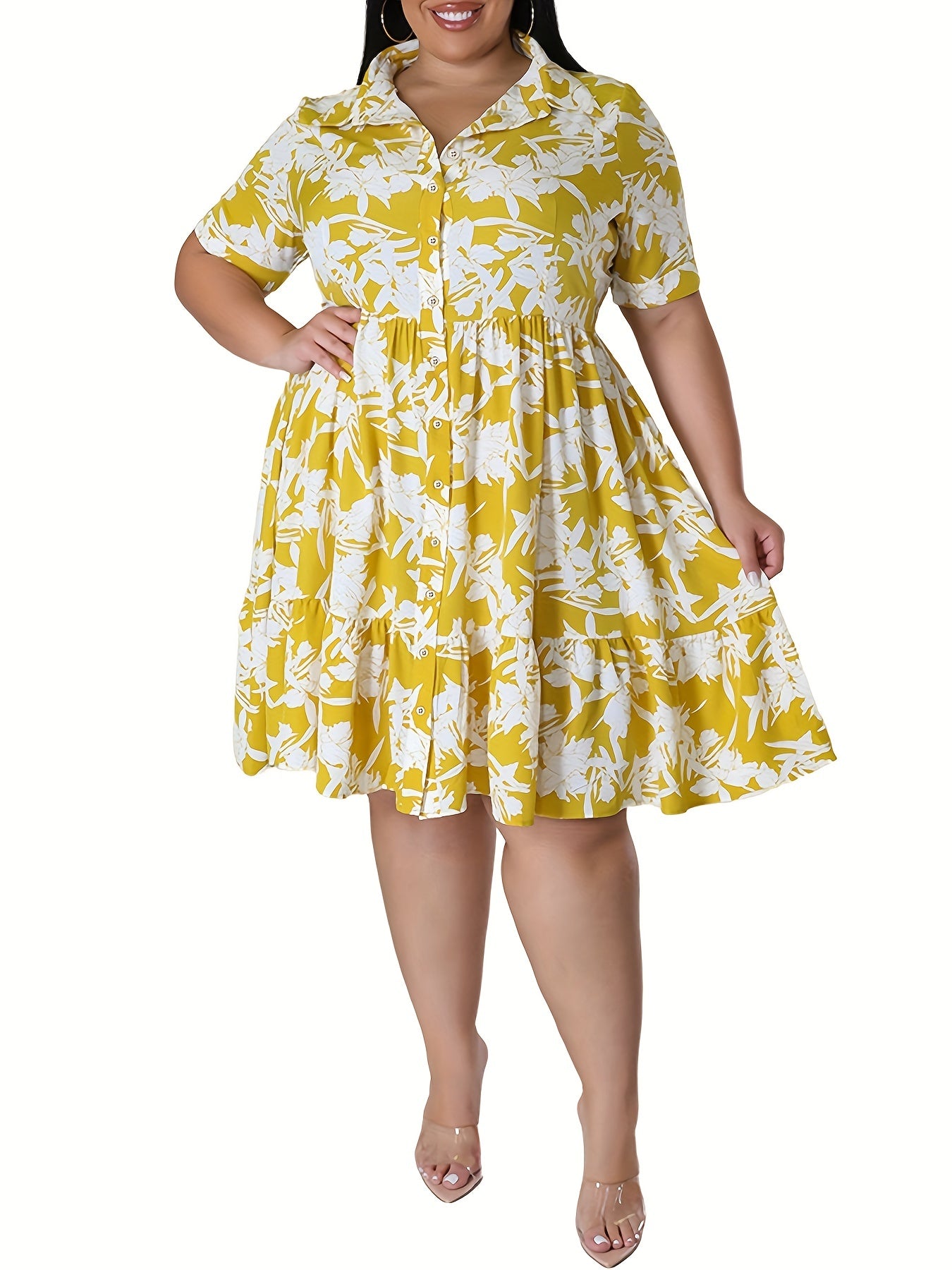  Floral Print Short Sleeve Polo Neck Shirt Dress