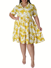  Floral Print Short Sleeve Polo Neck Shirt Dress