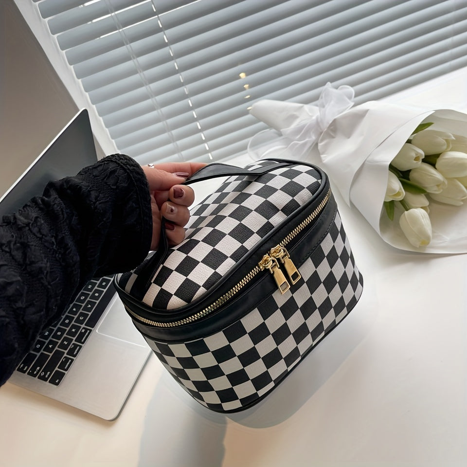 Checkered Print Cosmetic Bag Portable Travel Storage Handbags Women's Zipper Toi