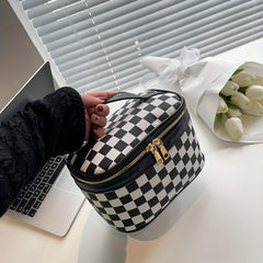 Checkered Print Cosmetic Bag Portable Travel Storage Handbags Women's Zipper Toi
