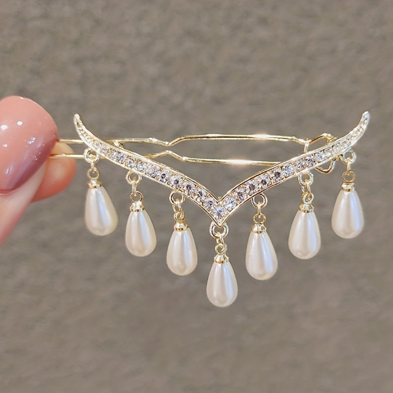 Rhinestone V-shaped Hairpin Pearl Tassel Frog Buckle Hair Accessories
