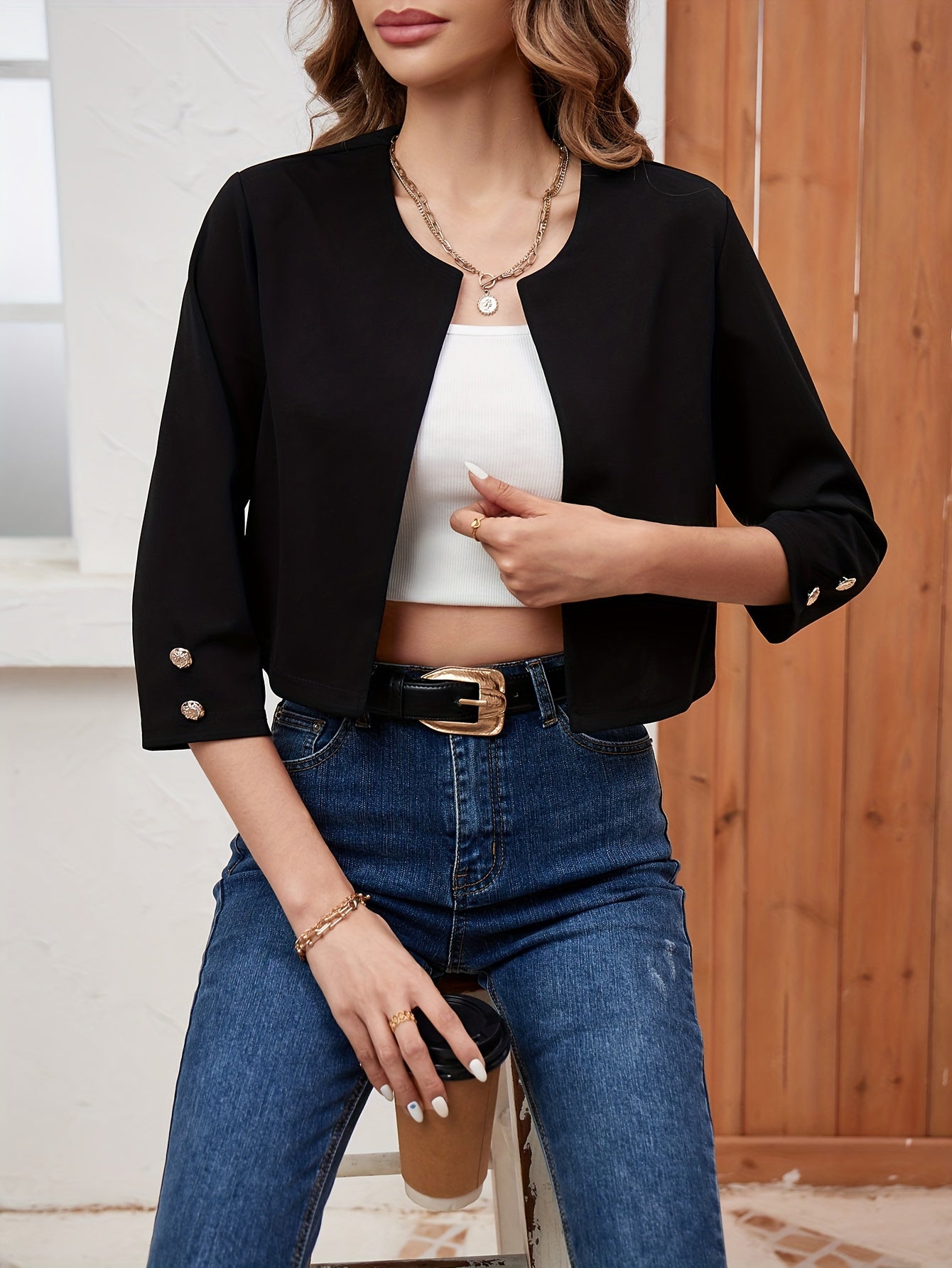 Open Front Crop Jacket Button Decor 3 4 Sleeve