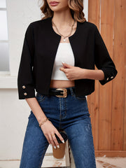 Open Front Crop Jacket Button Decor 3 4 Sleeve
