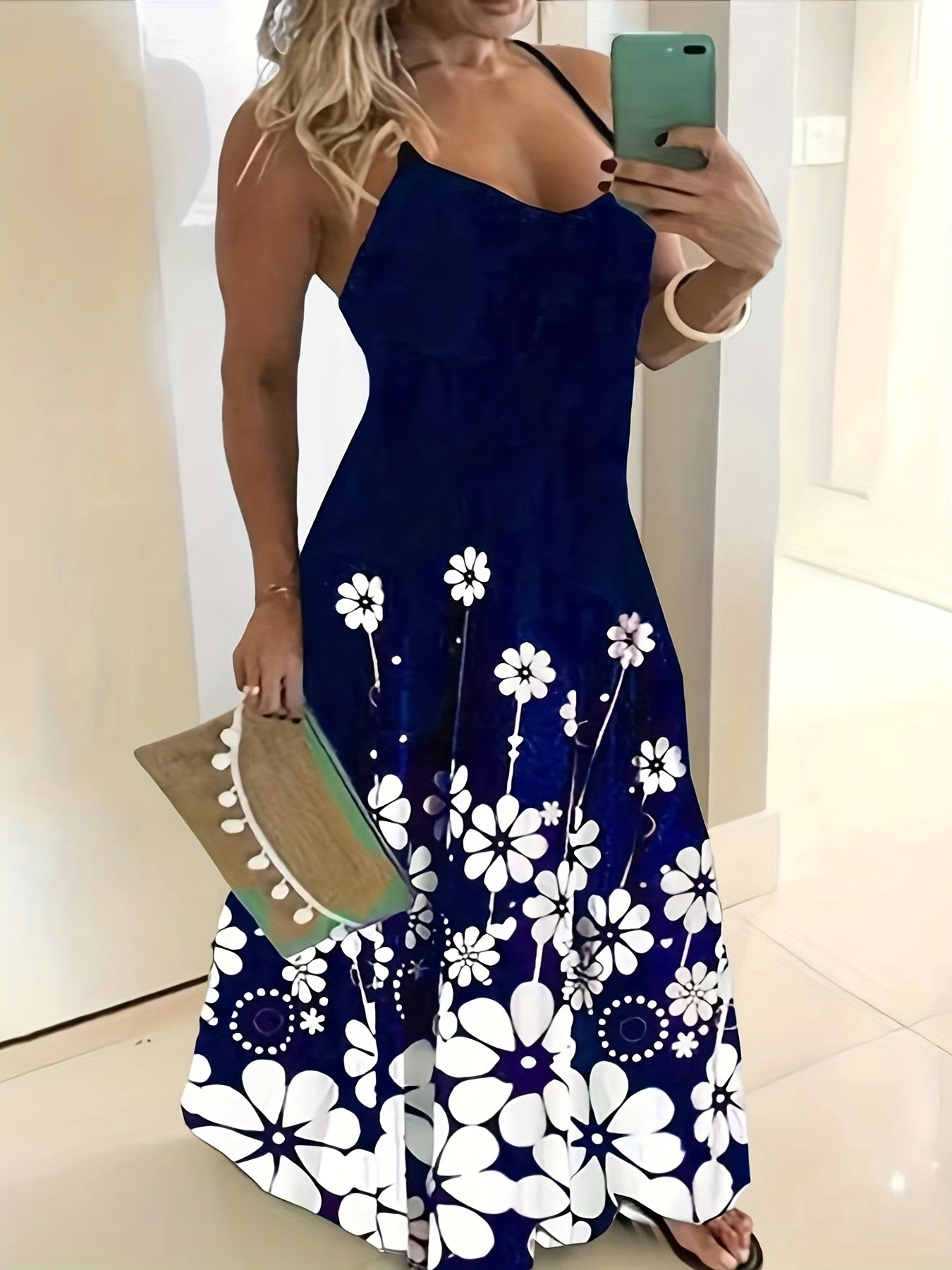  Floral Print V Neck Maxi Cami Dress