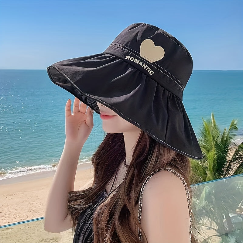 Romantic Heart Embroidery Sun Hat UV Protection Wide Brim Bucket Hat
