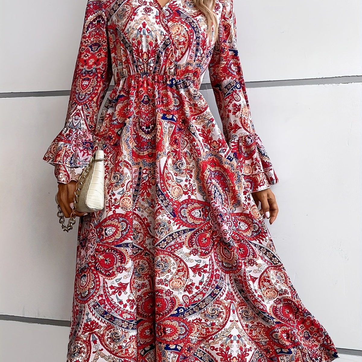 Ethnic Print Midi Dress Boho V Neck Layered Long Sleeve Dress
