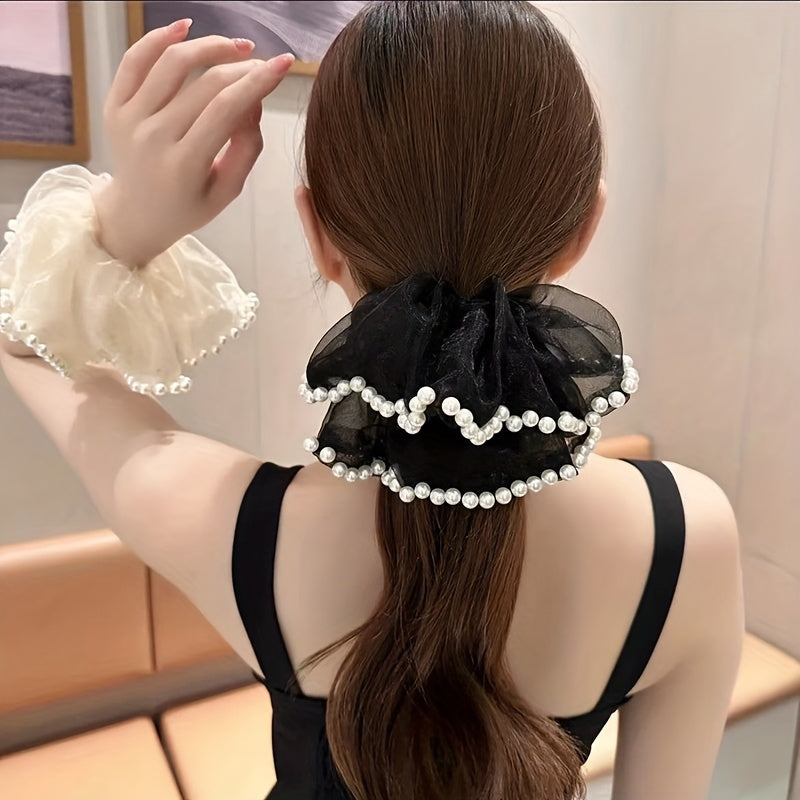 Large Organza Scrunchies Hair Tie with Faux Pearl Brim