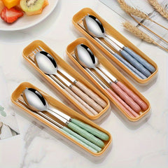 Stainless Steel Portable Tableware Set with Chopsticks Spoon Fork