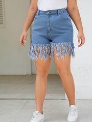  Casual Denim Shorts Women's Plus Solid Elastic Ripped Fringe Trim