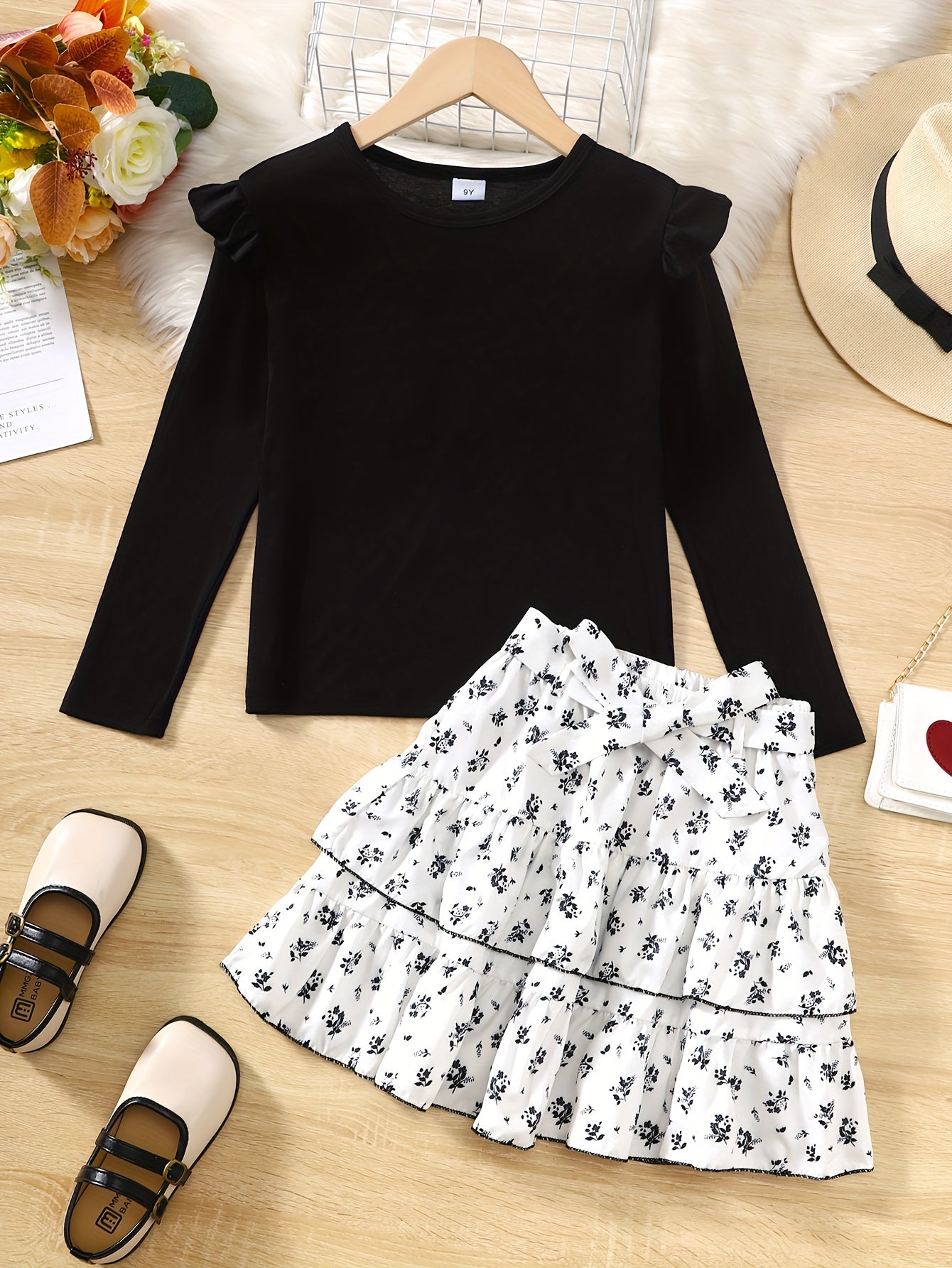 Girl's 2pcs Top & Floral Pattern Skirt Set Ruffle Decor Casual Kid's Clothes