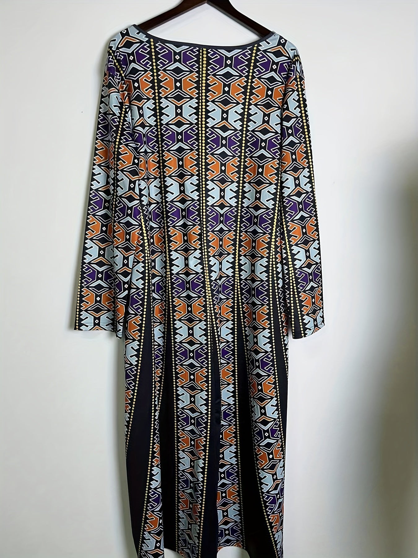  Graphic Print Maxi Dress V-Neck Long Sleeve With Pockets