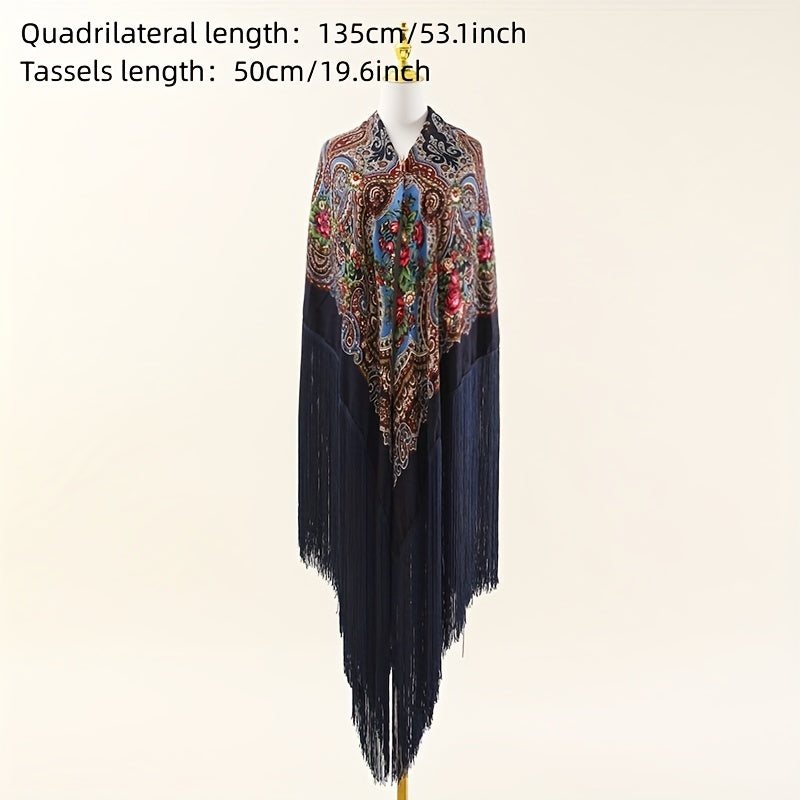 National Style Printed Shawl Long Fringed Retro Shawl Wrap