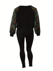  Colorblock Camo Print One Shoulder Top & Pants Set