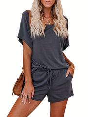 2pc Short Sleeve T Shirt & Drawstring Waist Shorts Set