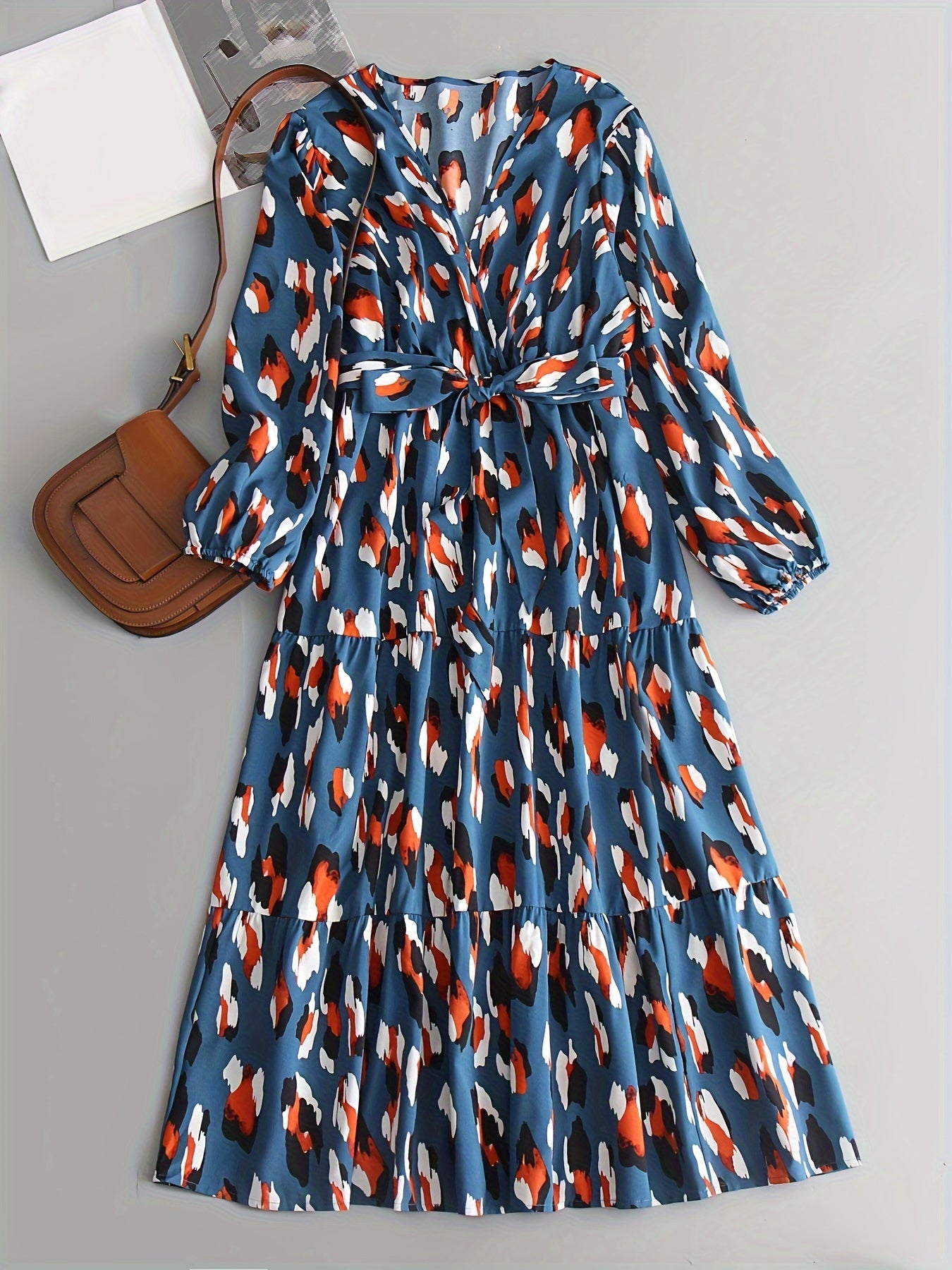  Leopard Print Long Sleeve Dress With Belt
