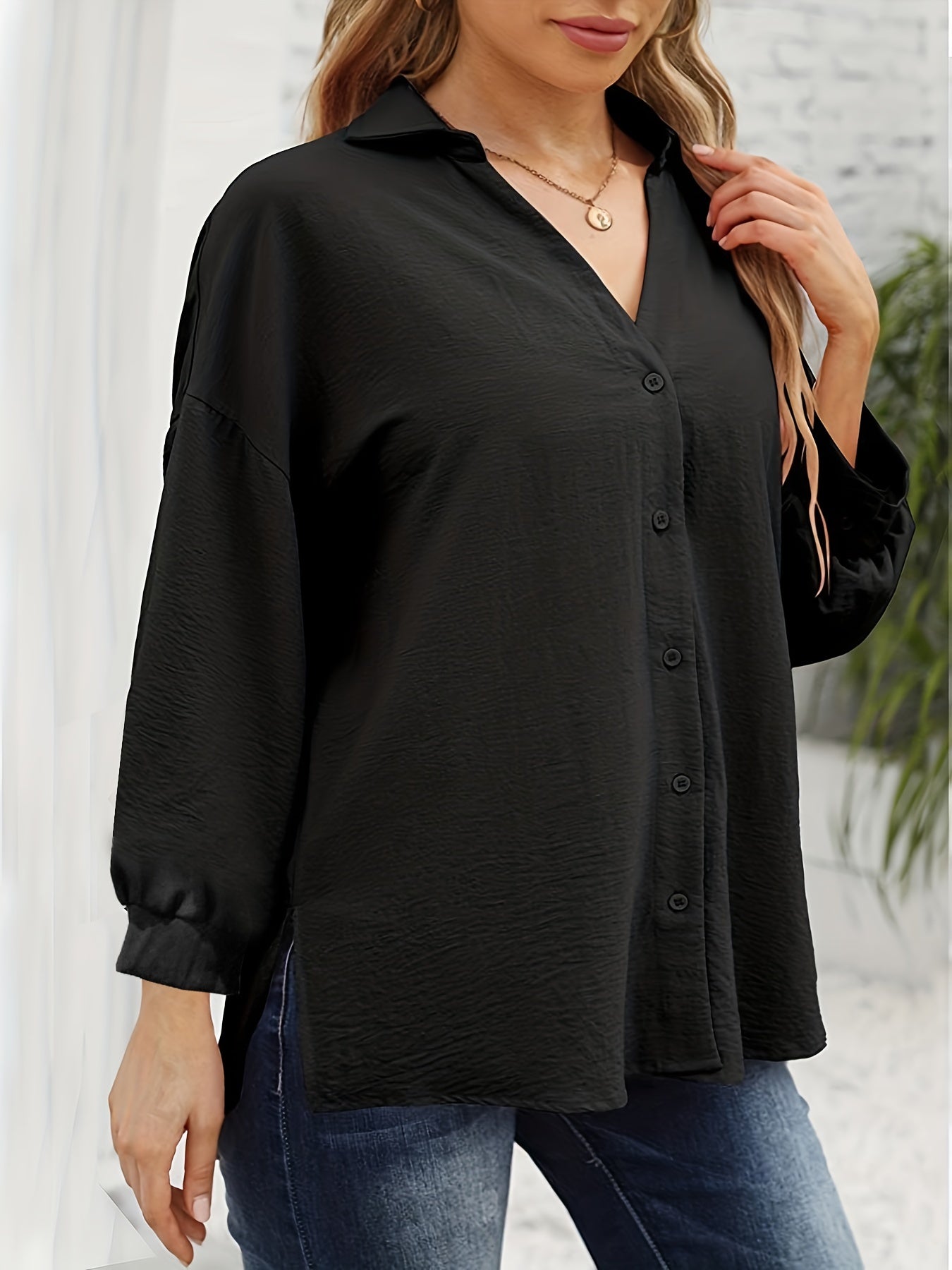 Lantern Sleeve Turn Down Collar Tunic Blouse