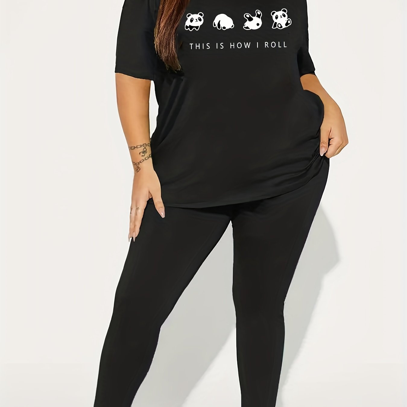  Panda & Slogan Print Tee & Leggings 2 Piece Set