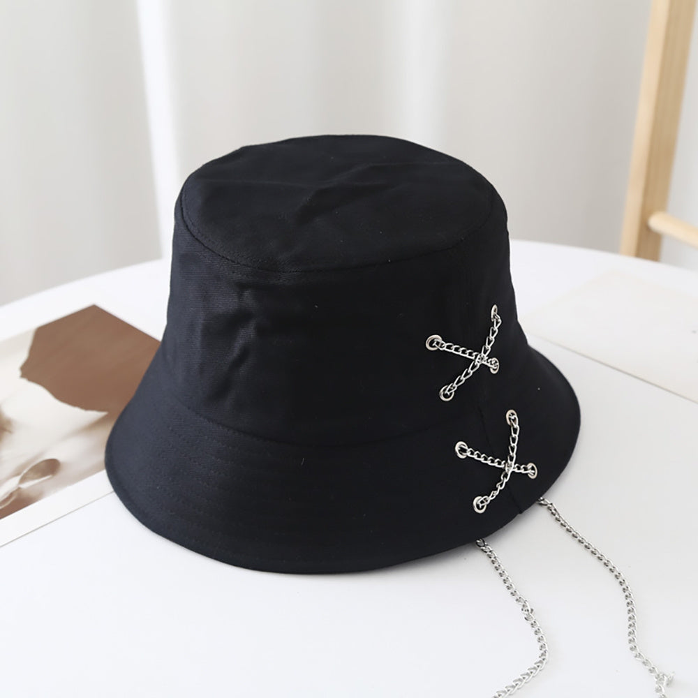 Metal Chain Decor Bucket Hat Solid Casual Sun Hat Unisex Fisherman Cap