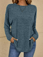  Solid Knit Top Ribbed Long Sleeve Sweater