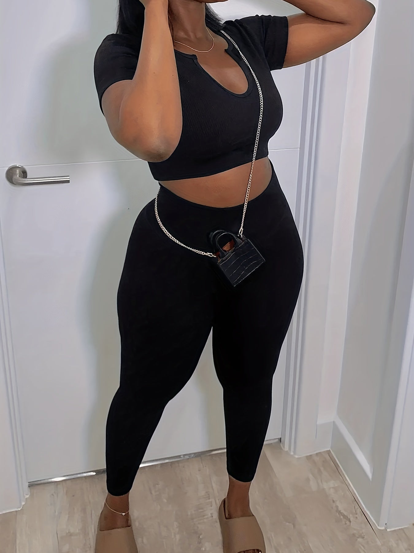 Sexy Two Piece Set Short Sleeve Crop Top & Pants Outfit