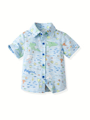 Shark and Fish Print Boys Casual Lapel Shirt