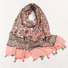 Boho Tassel Scarf Vintage Flower Print Shawl