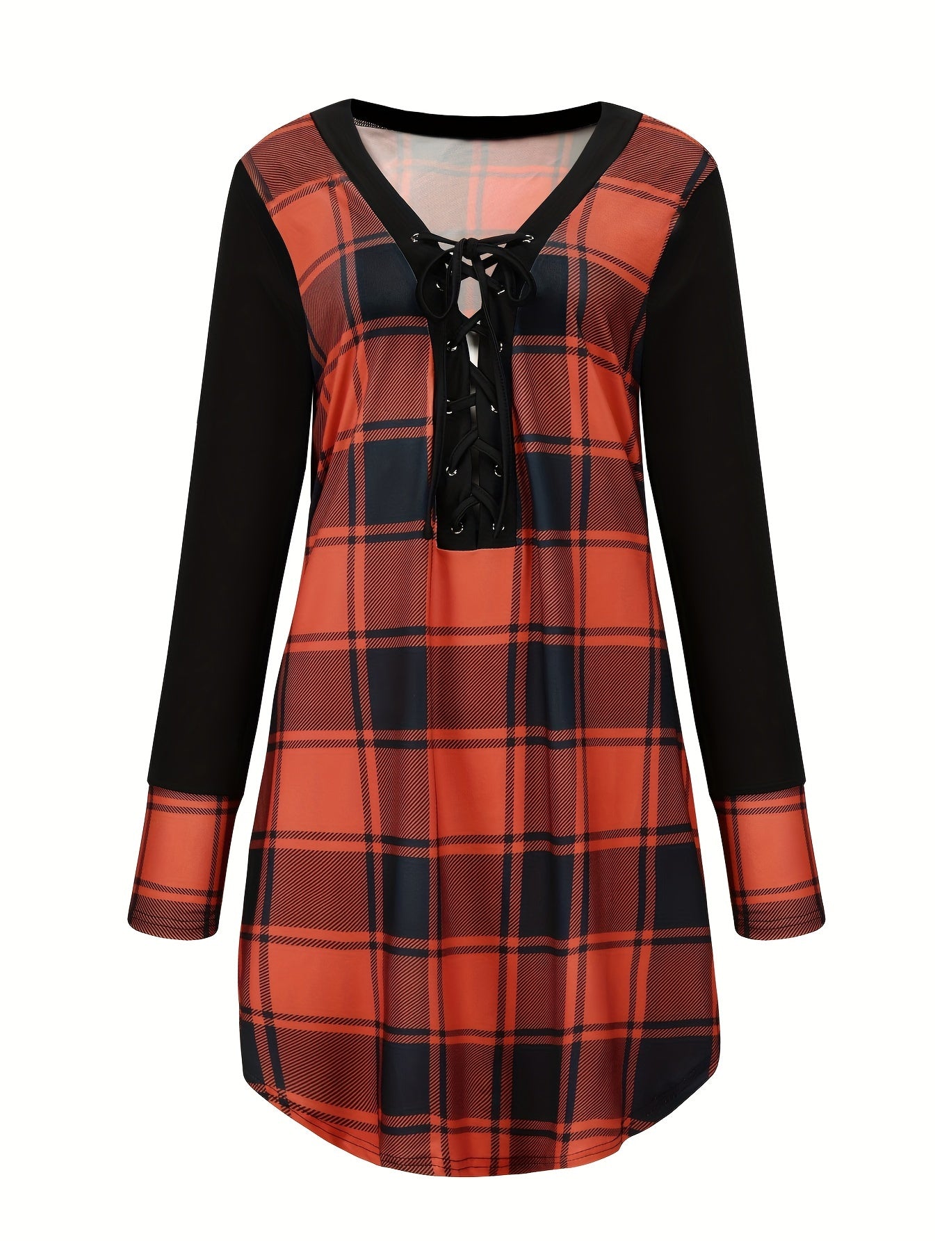  Plaid Print Raglan Sleeve Lace Up V Neck Top
