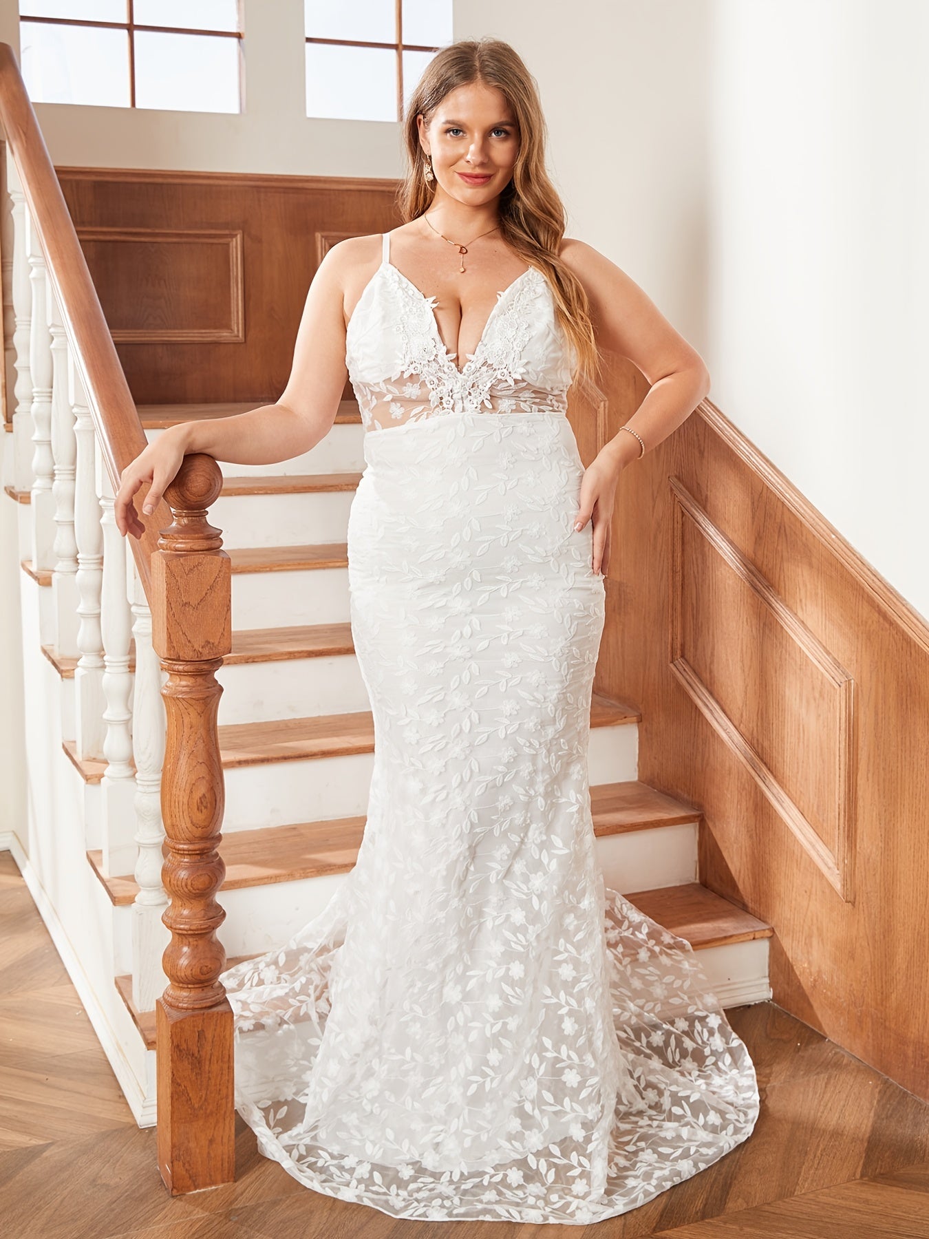  Women's Deep V Neck Floral Jacquard Maxi Wedding Dress