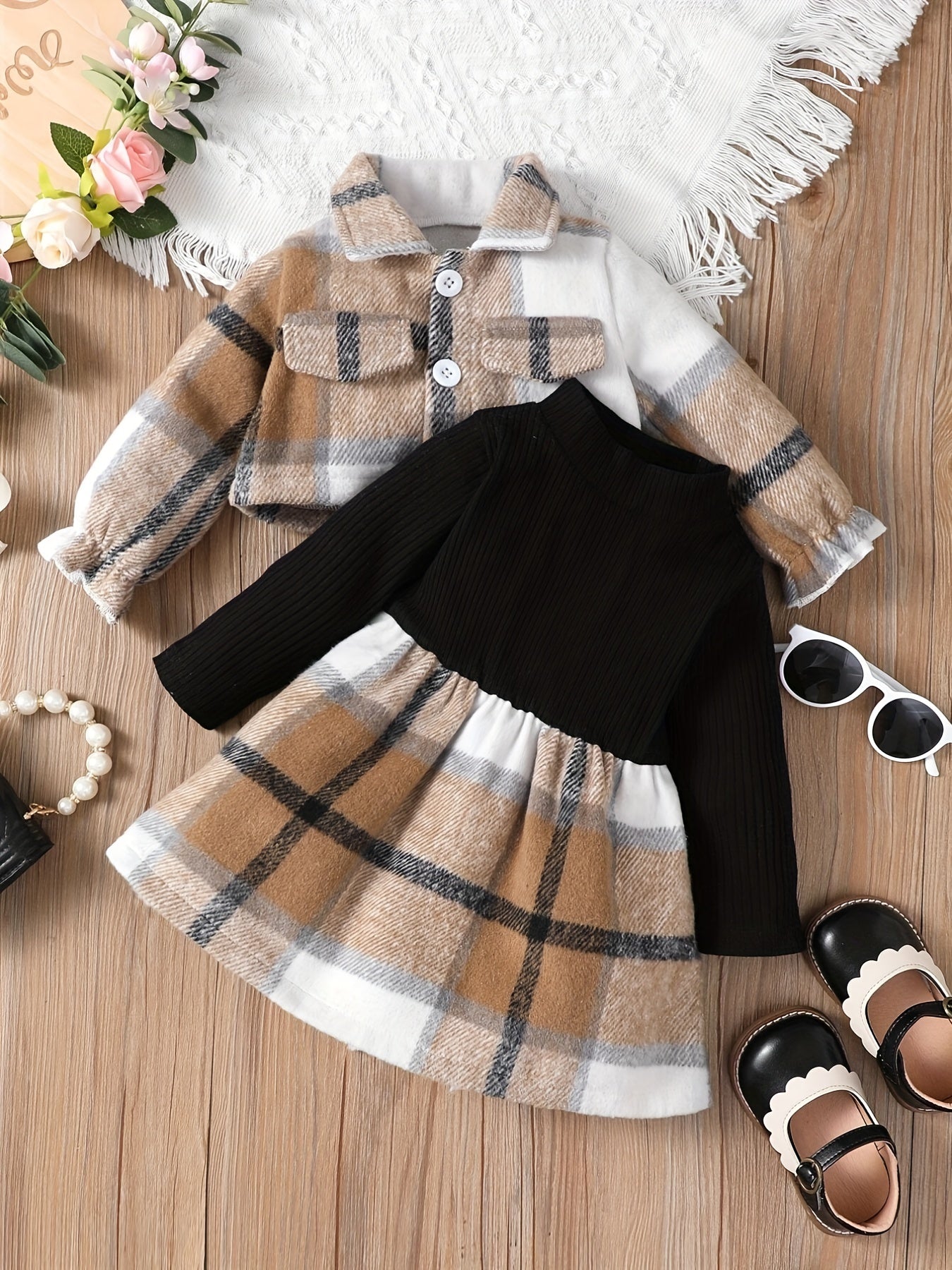 Baby Girls Preppy Style Plaid Long Sleeve Dress Set