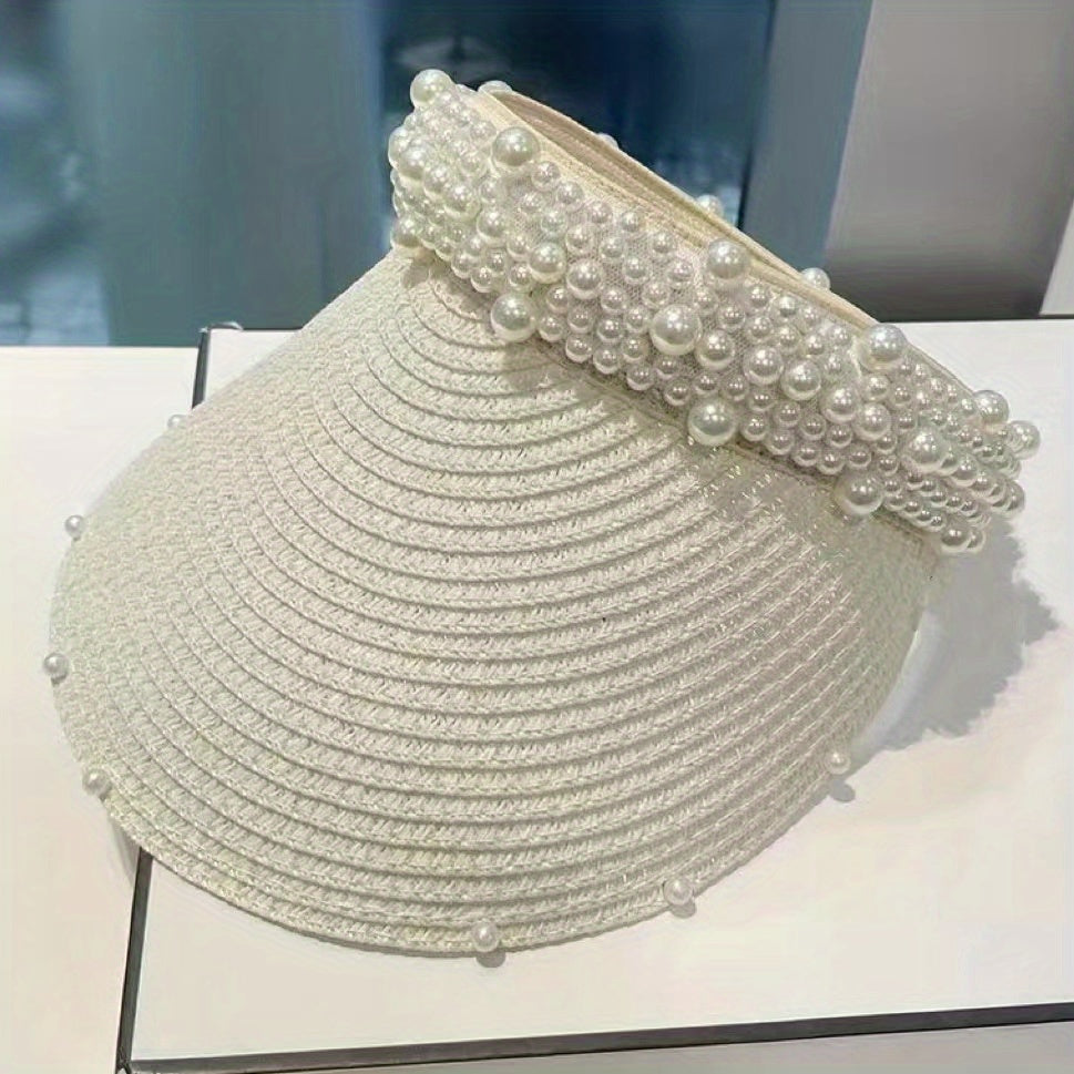 Straw Ponytail Sun Hat with Faux Pearl Decor
