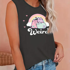  Cat & Rainbow Print Round Neck Tank Top