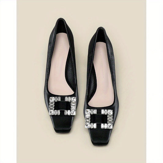 Women's Rhinestone Decor Chunky Heels Square Toe Slip On Shoes