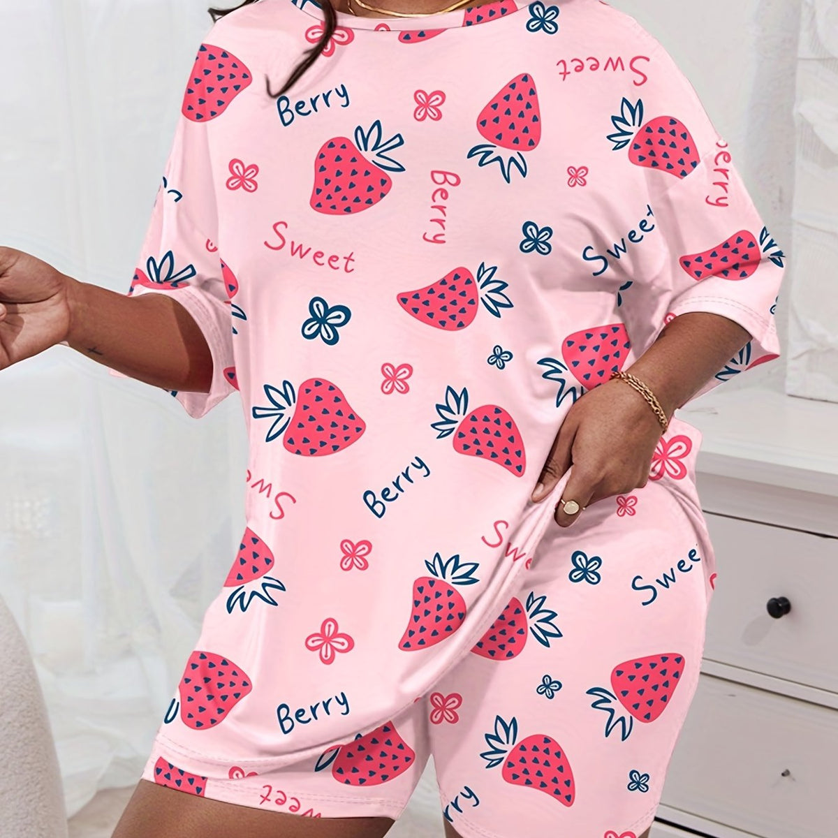  Daisy & Cherry Print Short Sleeve Tee & Shorts Pajama Set
