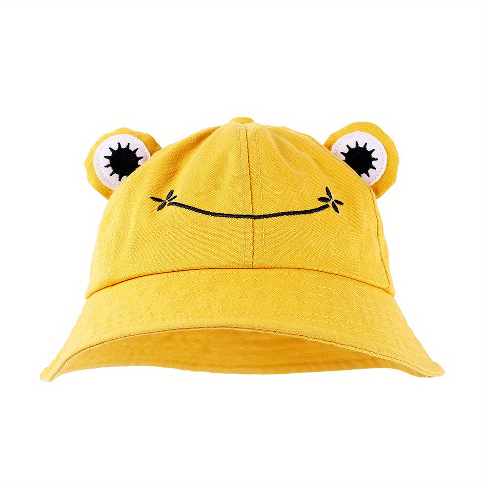 Frog Cartoon Bucket Hat Embroidery Solid Unisex Basin Hat Sunshade Travel Beach