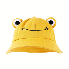 Frog Cartoon Bucket Hat Embroidery Solid Unisex Basin Hat Sunshade Travel Beach