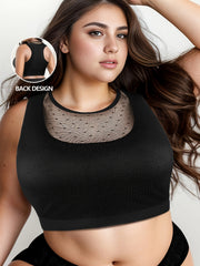  Sports Bra Contrast Dot Mesh Round Neck Stretch Fitness Bra
